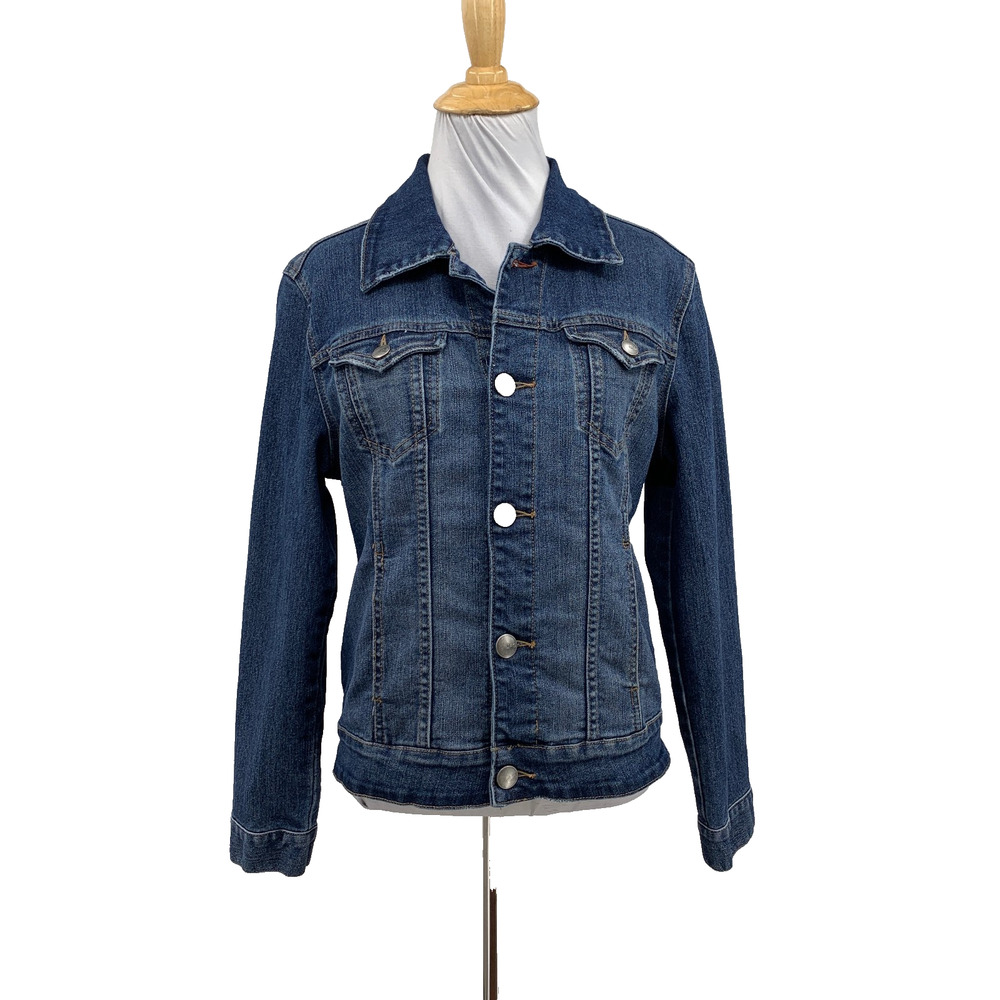 Jag Jacket Womens MP Medium Petite Blue Denim Stretch Shank Buttons Flap Pocket